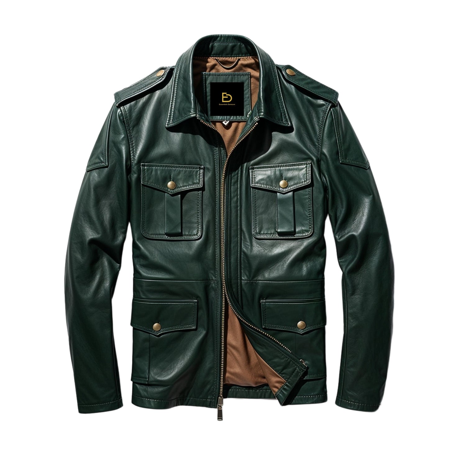 Men's Green Leather Field Jacket with Multiple Pockets, Epaulets – Urban Style