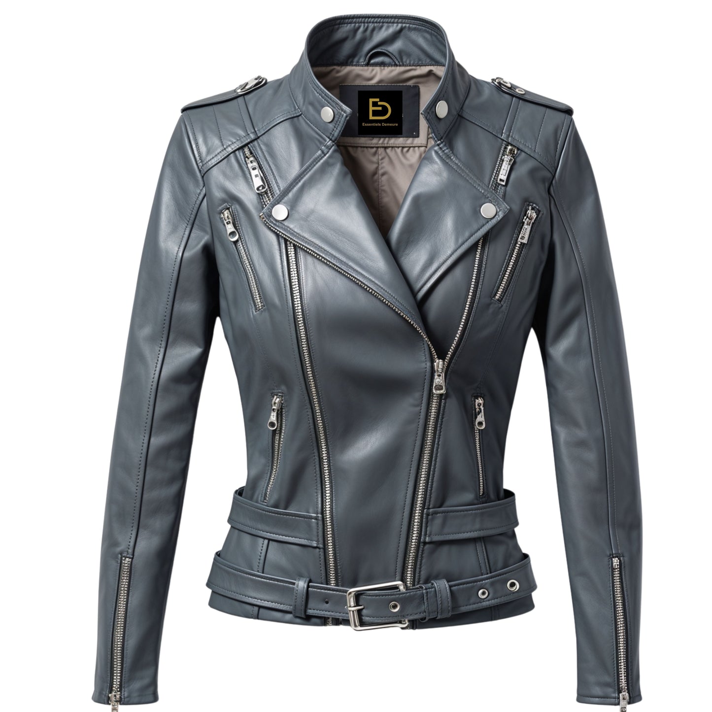 Womens Grey Leather Biker Jacket: Belted Moto Coat with Silver Zippers