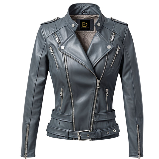 Womens Grey Leather Biker Jacket: Belted Moto Coat with Silver Zippers