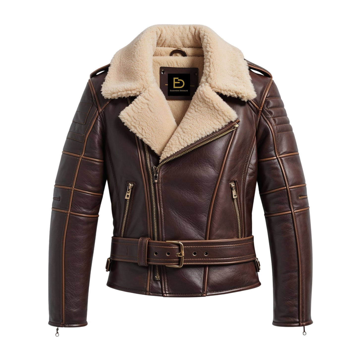 Brown Leather Aviator Jacket with Shearling Collar and Belted Waist – Biker Style Outerwear