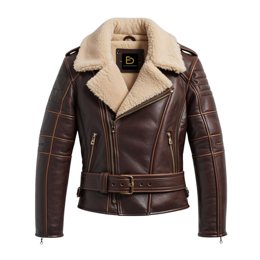 Brown Leather Aviator Jacket with Shearling Collar and Belted Waist – Biker Style Outerwear