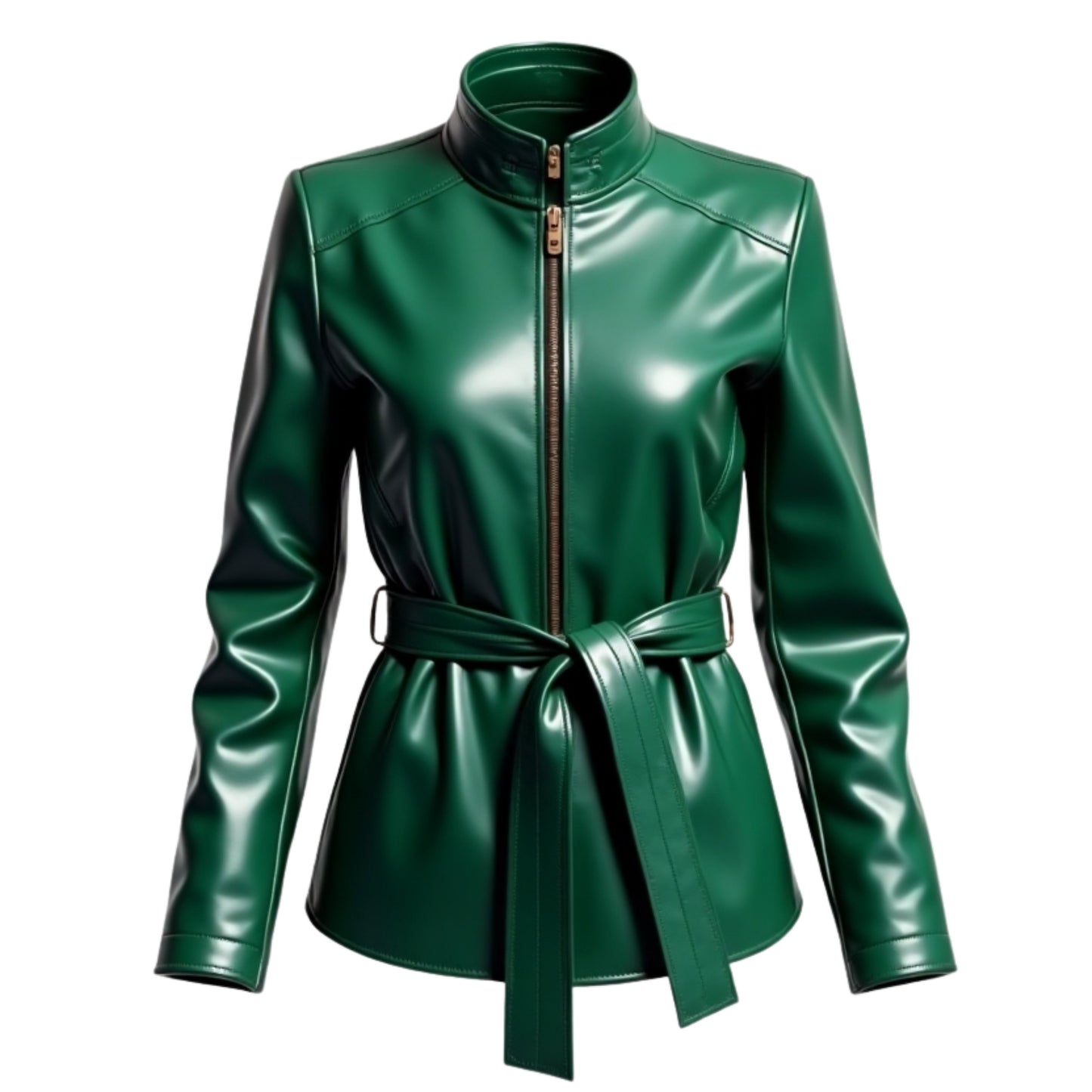 Emerald Green Real Leather Belted Jacket – Chic Stand Collar Outerwear