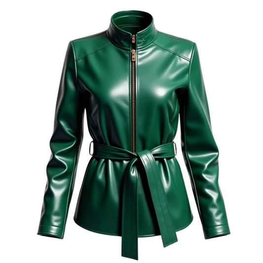 Emerald Green Real Leather Belted Jacket – Chic Stand Collar Outerwear