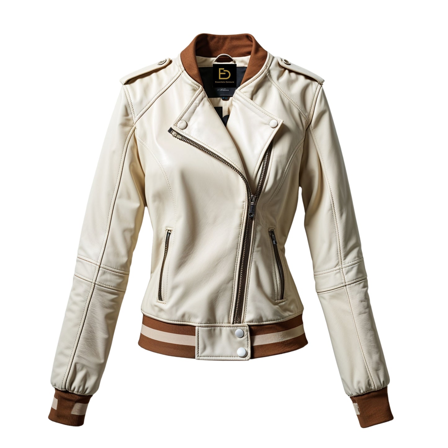 Cream Leather Bomber Jacket with Brown Rib Trim, Asymmetric Zip Biker Coat
