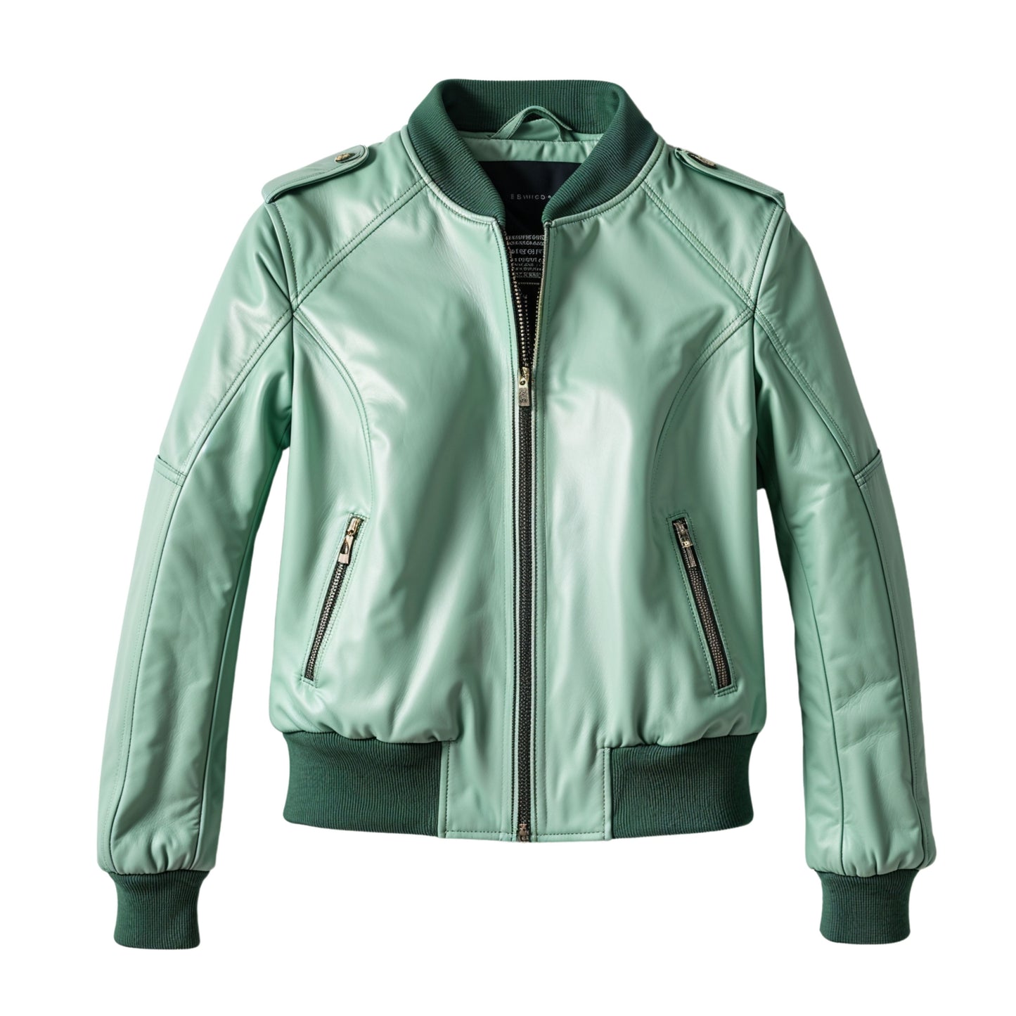 Mint Green Real Leather Bomber Jacket – Dark Green Ribbed Collar Flight Style