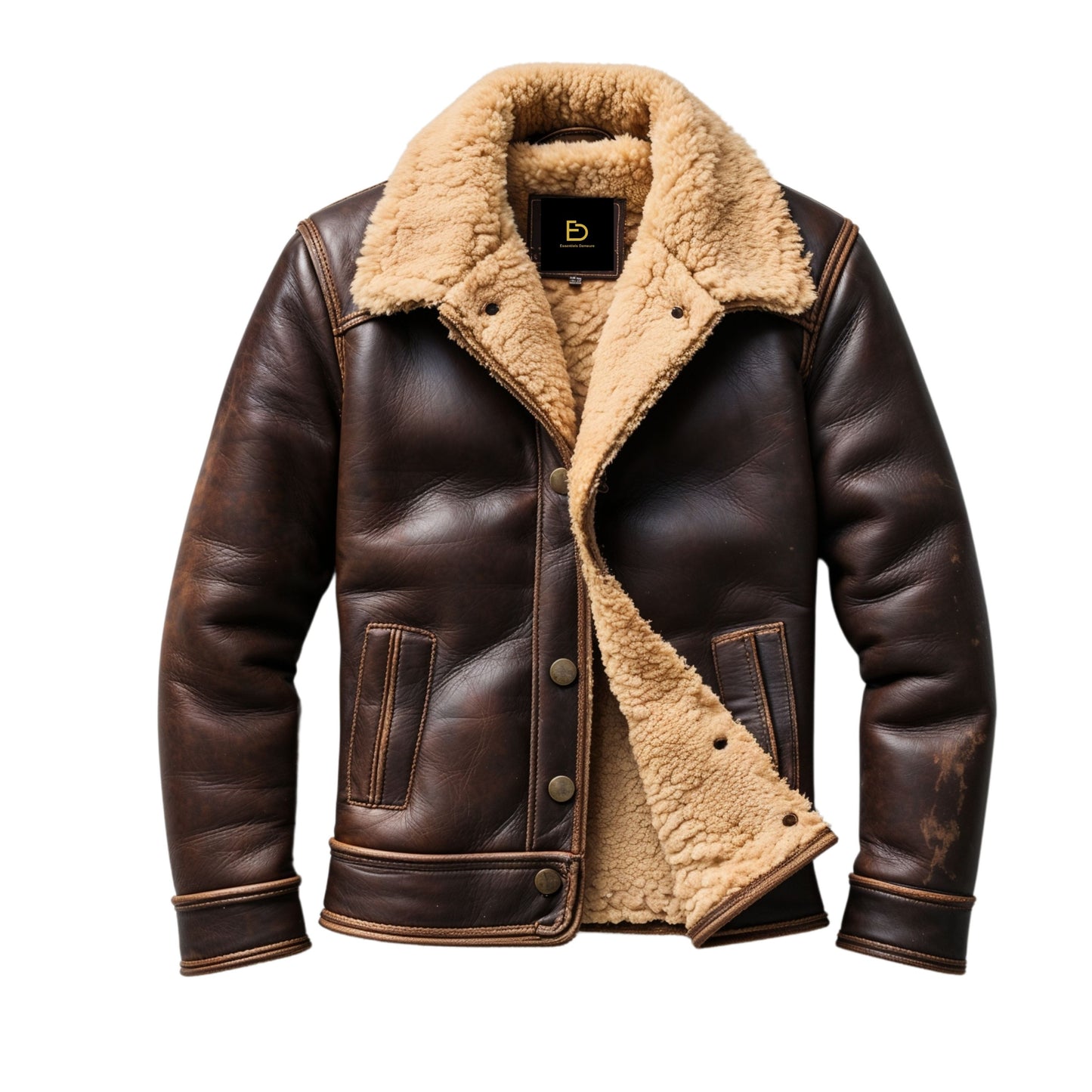 Men's Brown Real Leather Aviator Jacket with Shearling Lining – Classic Button Front Style