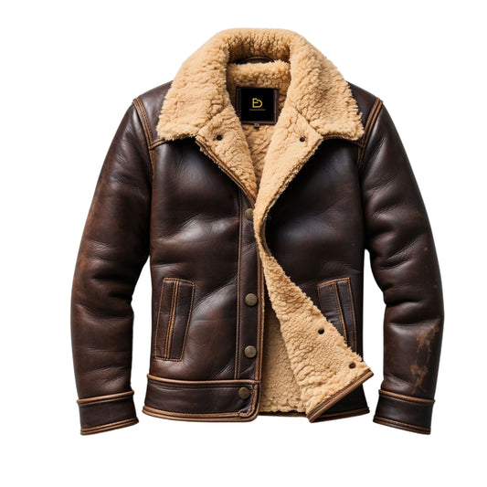 Men's Brown Real Leather Aviator Jacket with Shearling Lining – Classic Button Front Style