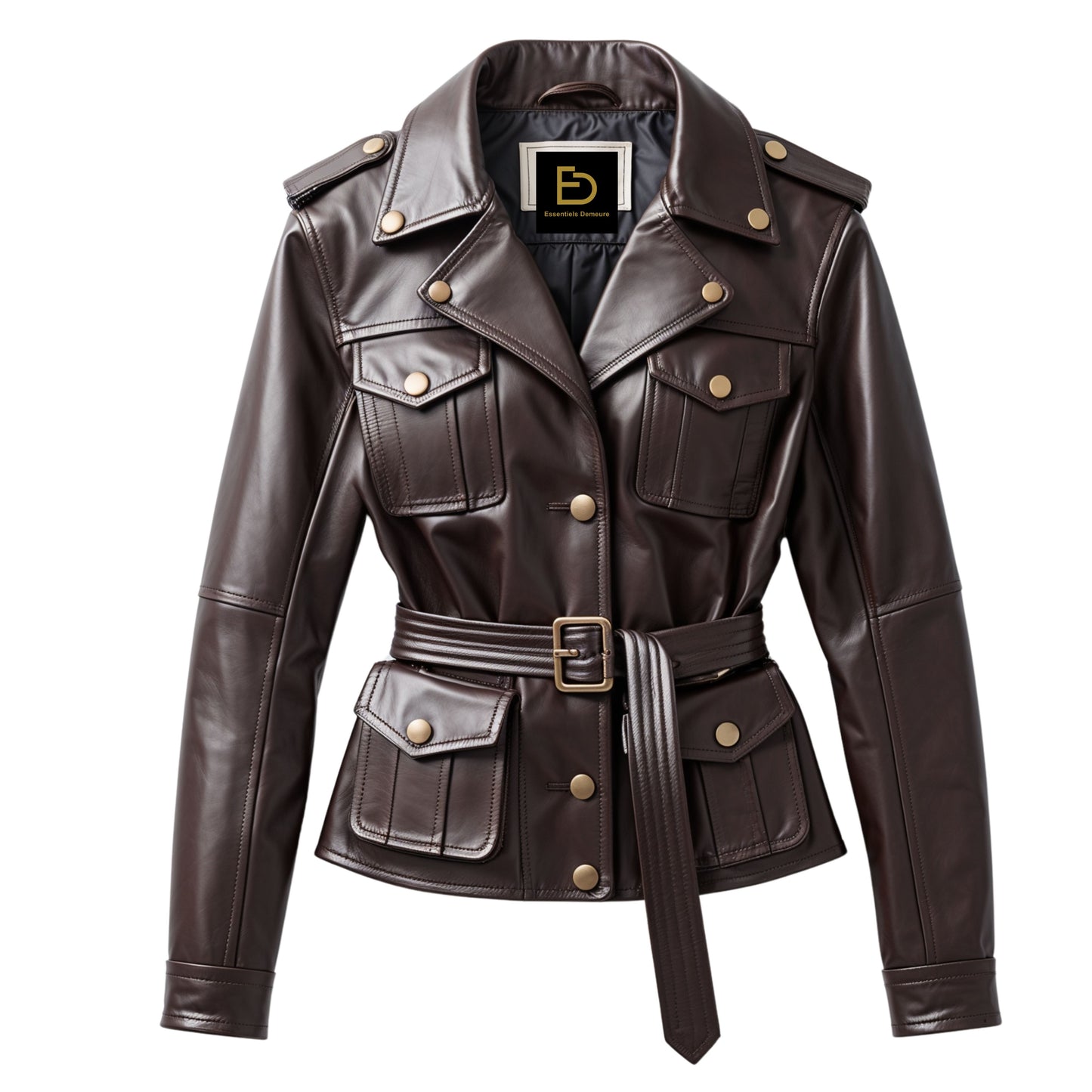Women's Brown Real Leather Belted Utility Jacket – Military Inspired Cargo Style
