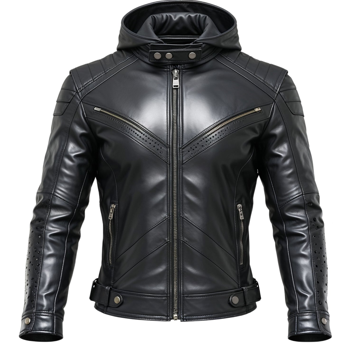 Modern Black Hooded Leather Biker Jacket Sleek Zipper Pockets Perforated Detailing Urban Street Style