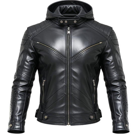 Modern Black Hooded Leather Biker Jacket Sleek Zipper Pockets Perforated Detailing Urban Street Style