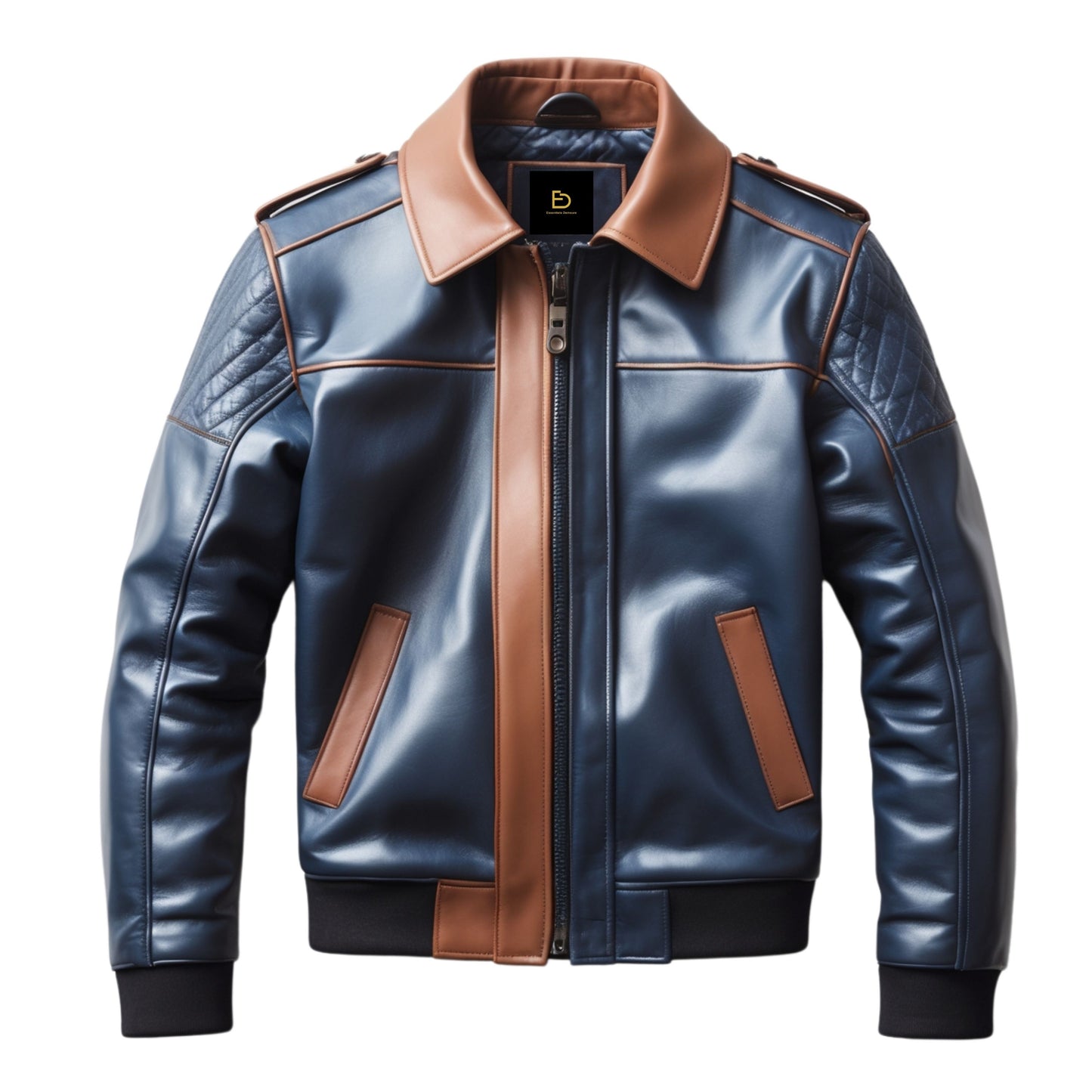 Men's Real Leather Bomber Jacket: Blue Brown Contrast, Quilted Shoulders, Casual Fashion