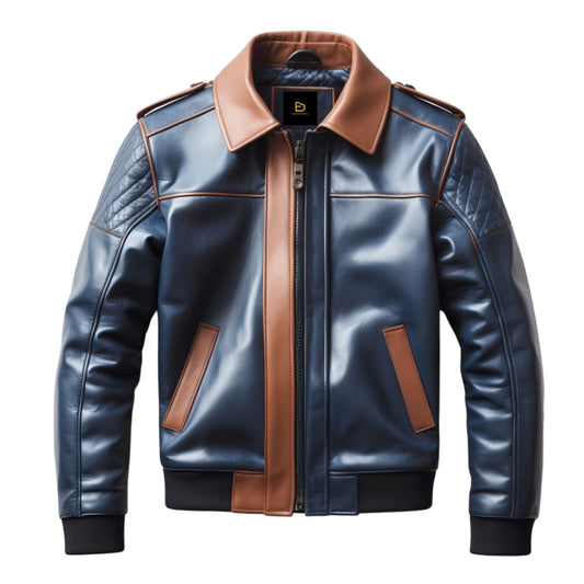 Men's Real Leather Bomber Jacket: Blue Brown Contrast, Quilted Shoulders, Casual Fashion