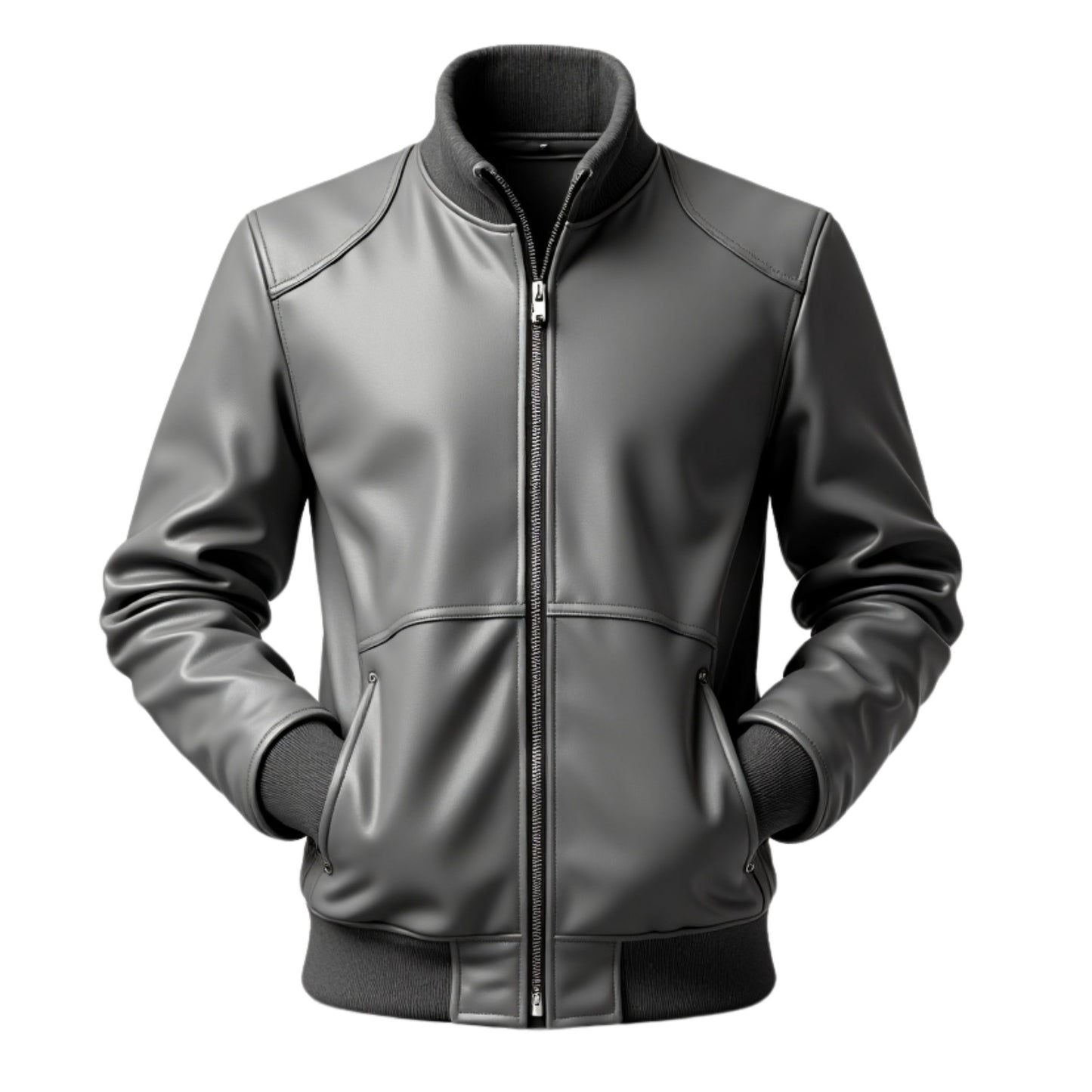 Men's Black Leather Bomber Jacket: Ribbed Collar, Zip Closure, Minimalist Style