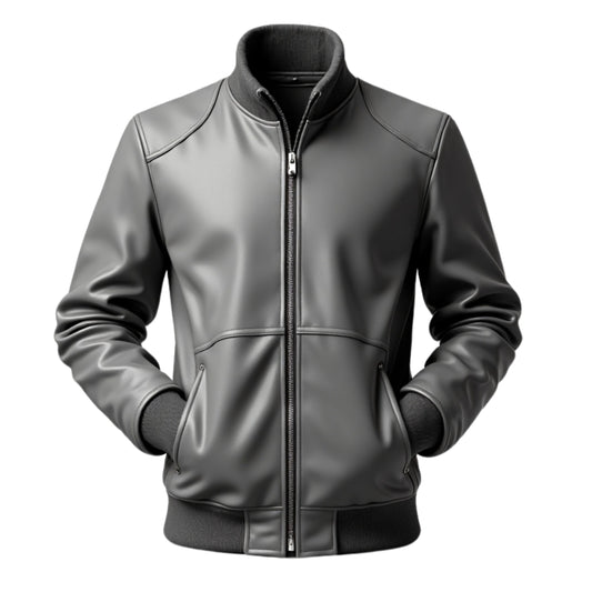 Men's Black Leather Bomber Jacket: Ribbed Collar, Zip Closure, Minimalist Style