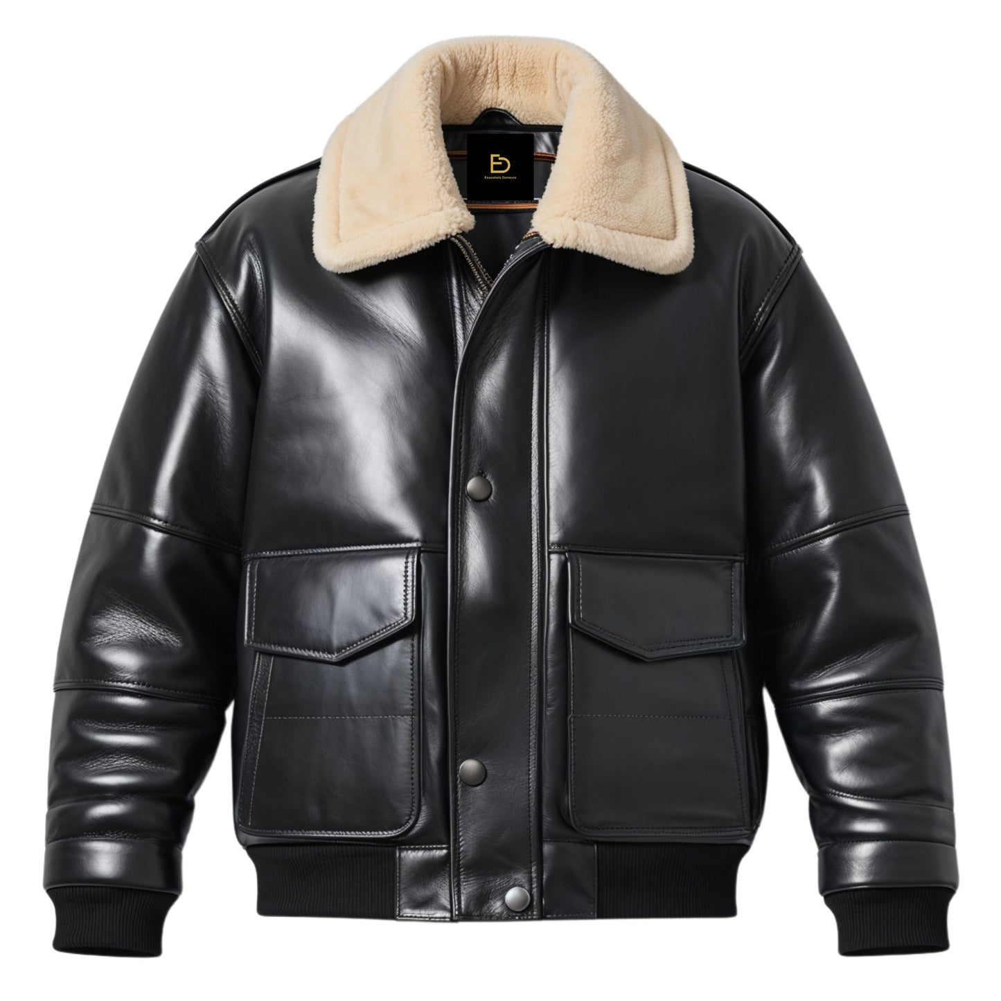 Men's Real Leather Aviator Bomber Jacket with Plush Shearling Collar