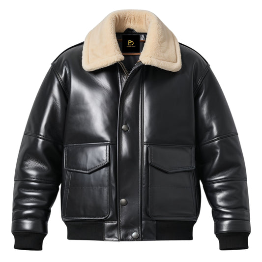 Men's Real Leather Aviator Bomber Jacket with Plush Shearling Collar