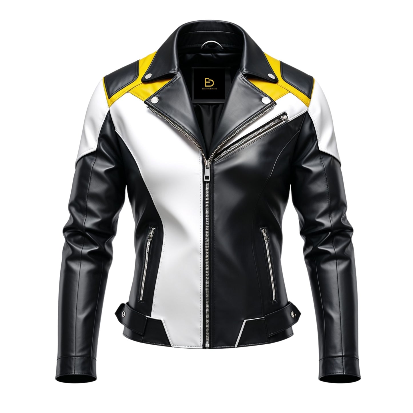 Men's Real Leather Biker Jacket: Black, White, Yellow Color Block Design, Asymmetrical Zipper