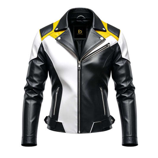 Men's Real Leather Biker Jacket: Black, White, Yellow Color Block Design, Asymmetrical Zipper
