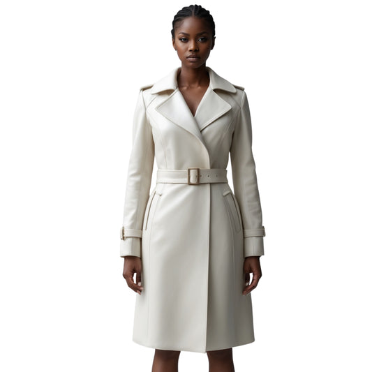 Women's Real Leather Trench Coat: Ivory Cream Belted, Wide Lapel Outerwear