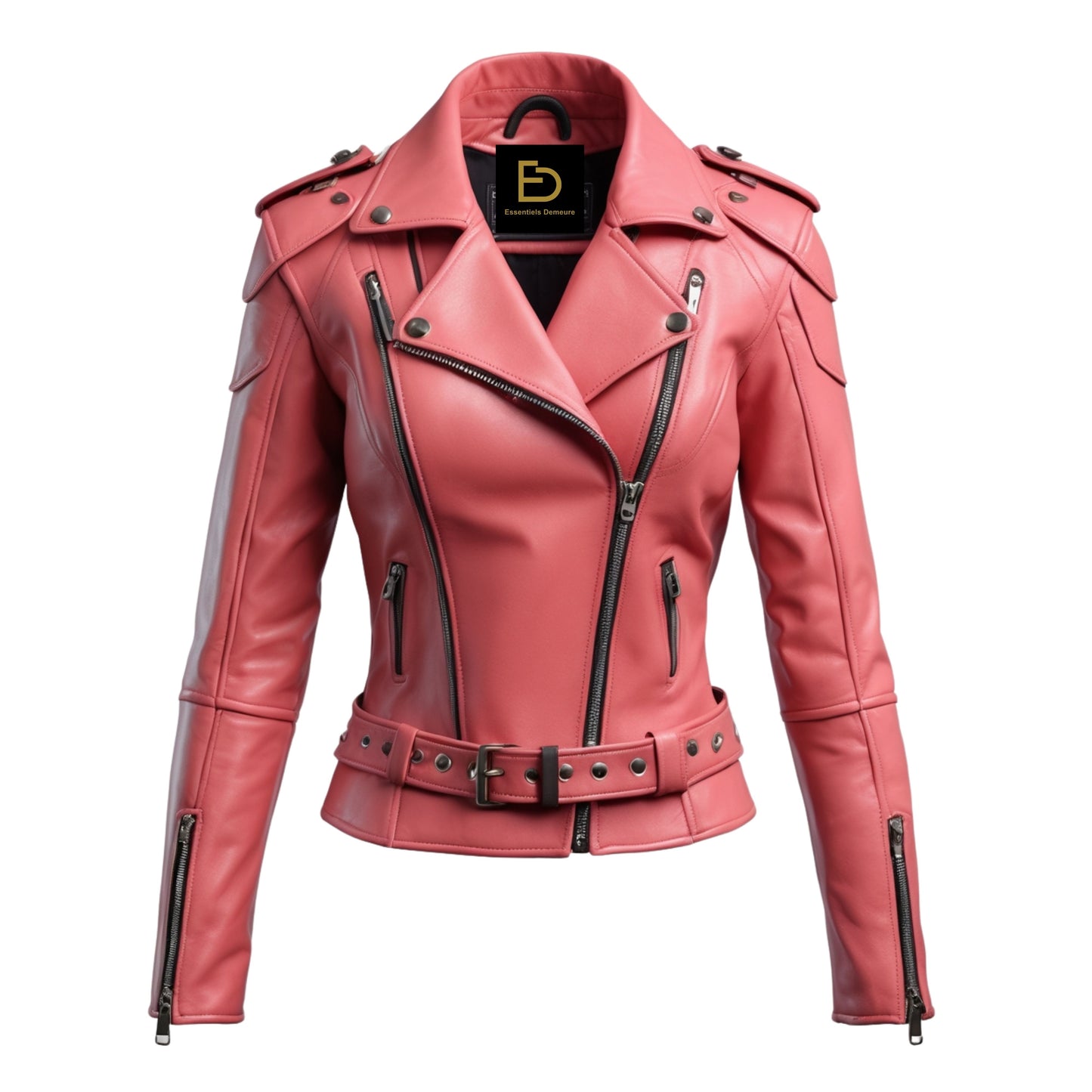 Womens Real Leather Moto Jacket: Coral Pink Biker Coat with Belted Waist