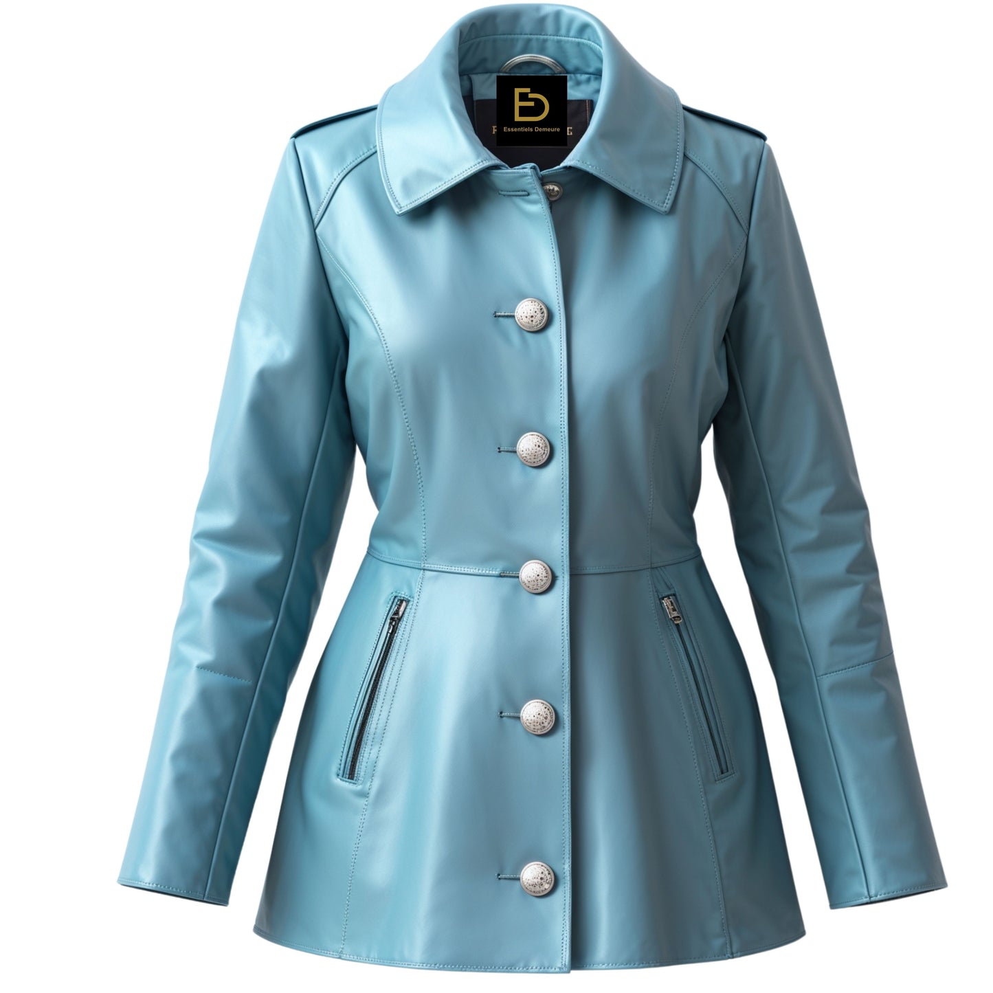 Light Blue Real Leather Coat: Tailored Fit, Flared Hem, Point Collar