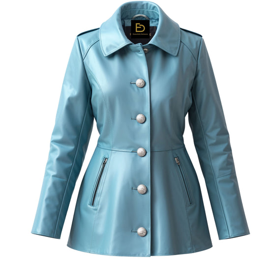 Light Blue Real Leather Coat: Tailored Fit, Flared Hem, Point Collar