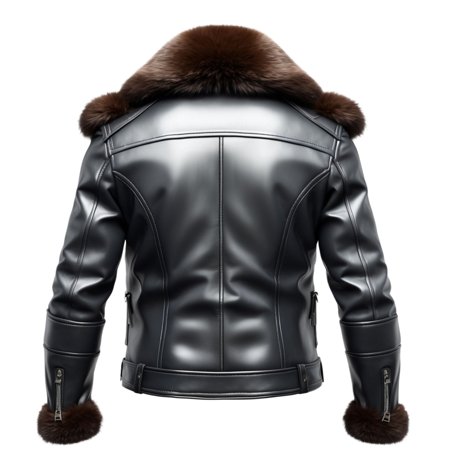 Black Quilted Leather Bomber Jacket with Brown Fur Collar and Cuffs