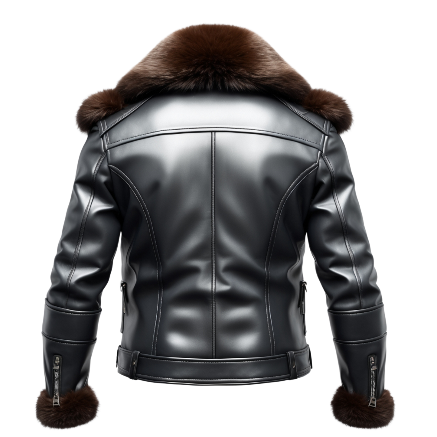 Black Quilted Real Leather Jacket Plush Brown Fur Collar Cuffs Heavy Duty Bomber Aviator Winter Outerwear
