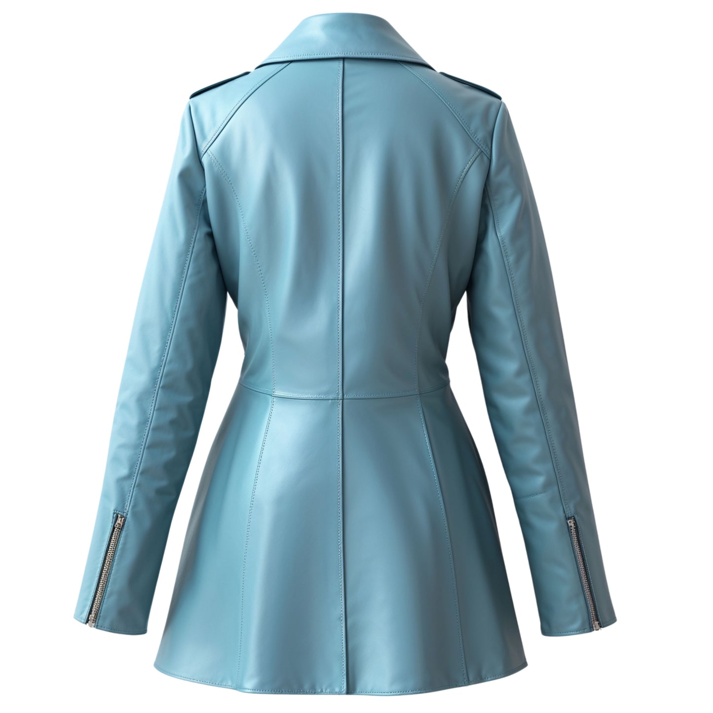 Light Blue Real Leather Coat: Tailored Fit, Flared Hem, Point Collar