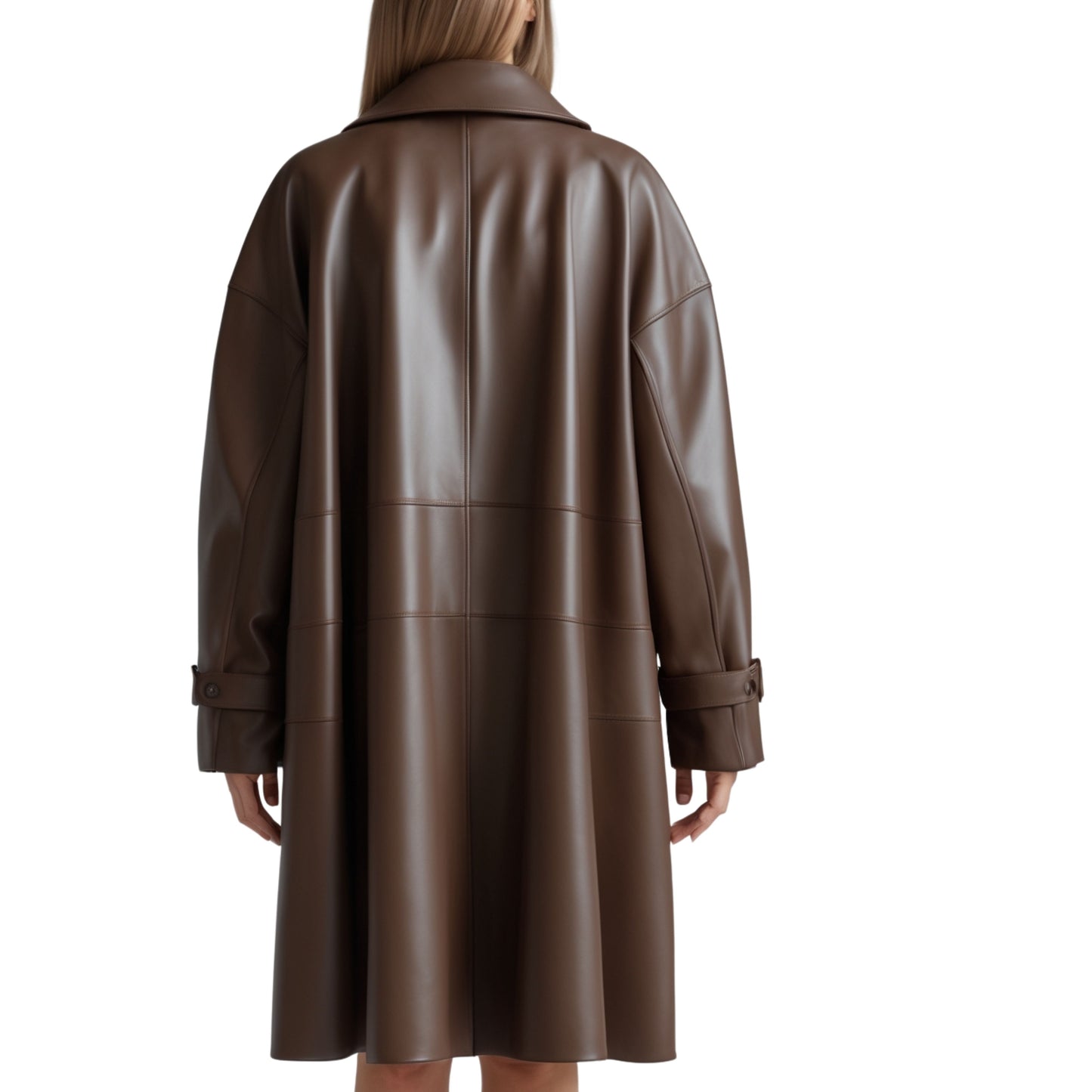 Brown Real Leather Trench Coat: Oversized, Wide Lapel, Elegant Winter Style