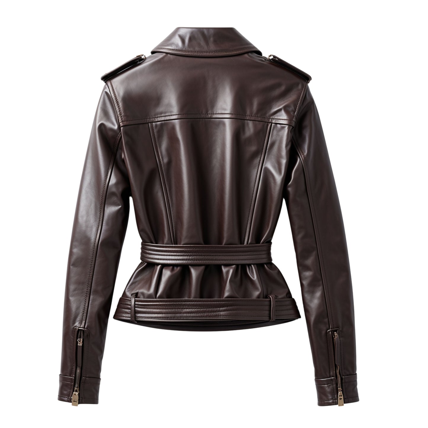 Women's Brown Real Leather Belted Utility Jacket – Military Inspired Cargo Style