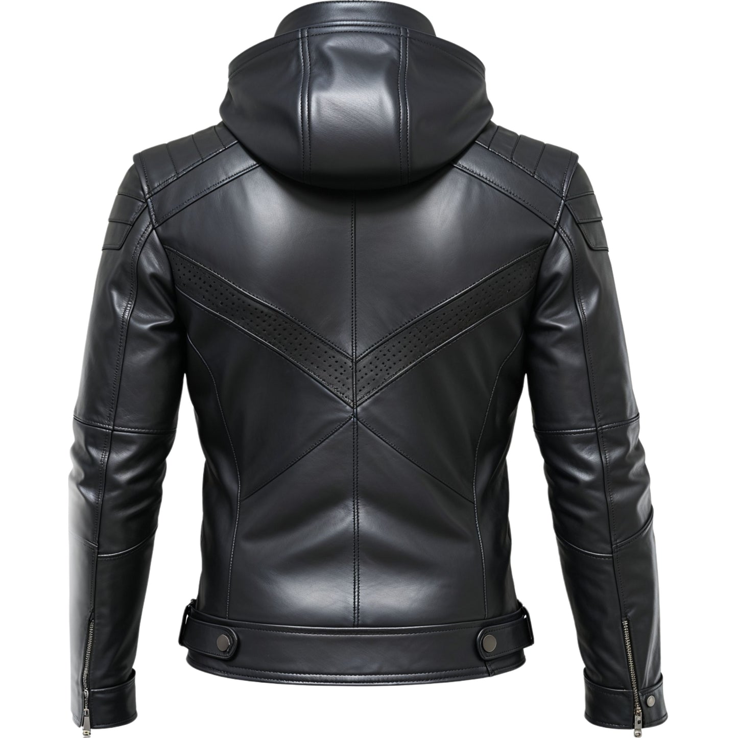 Modern Black Hooded Leather Biker Jacket Sleek Zipper Pockets Perforated Detailing Urban Street Style