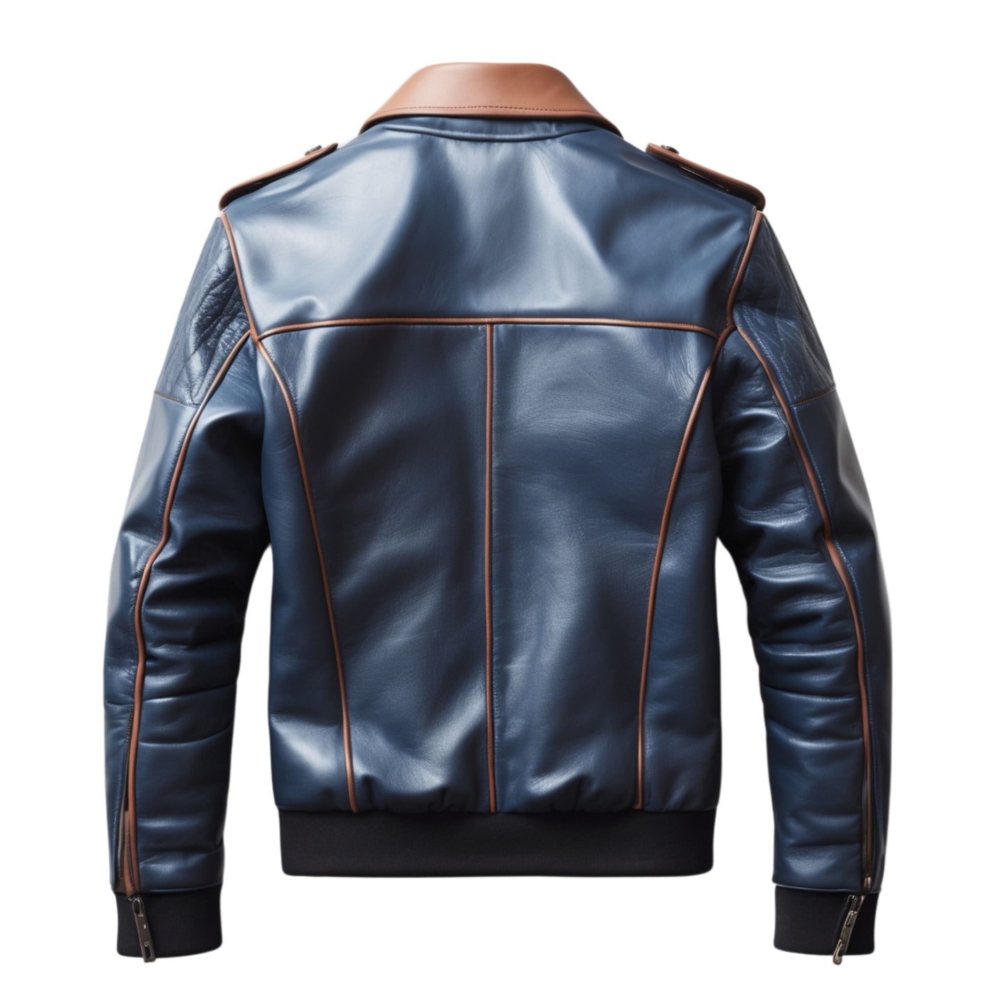 Men's Real Leather Bomber Jacket: Blue Brown Contrast, Quilted Shoulders, Casual Fashion