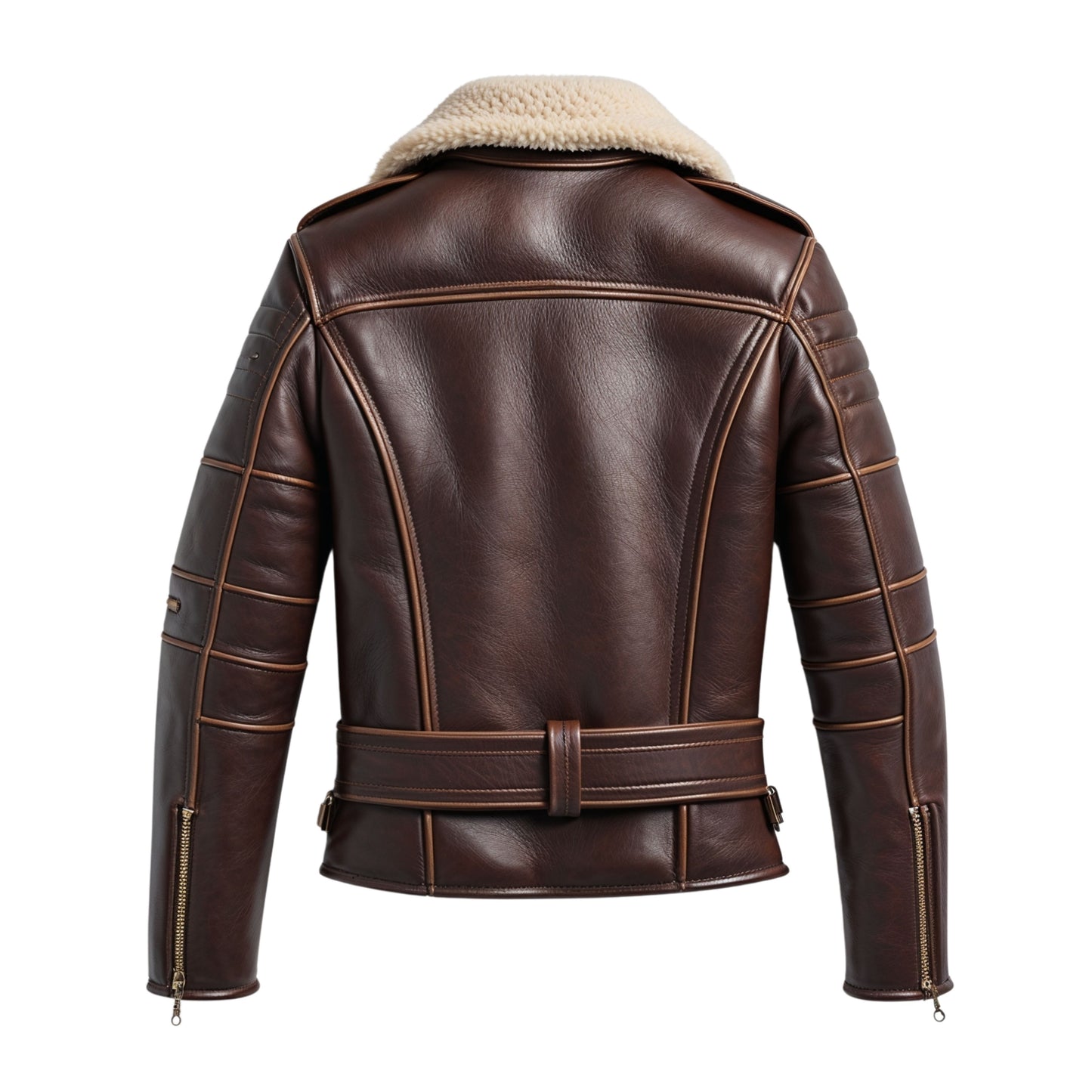 Brown Leather Aviator Jacket with Shearling Collar and Belted Waist – Biker Style Outerwear