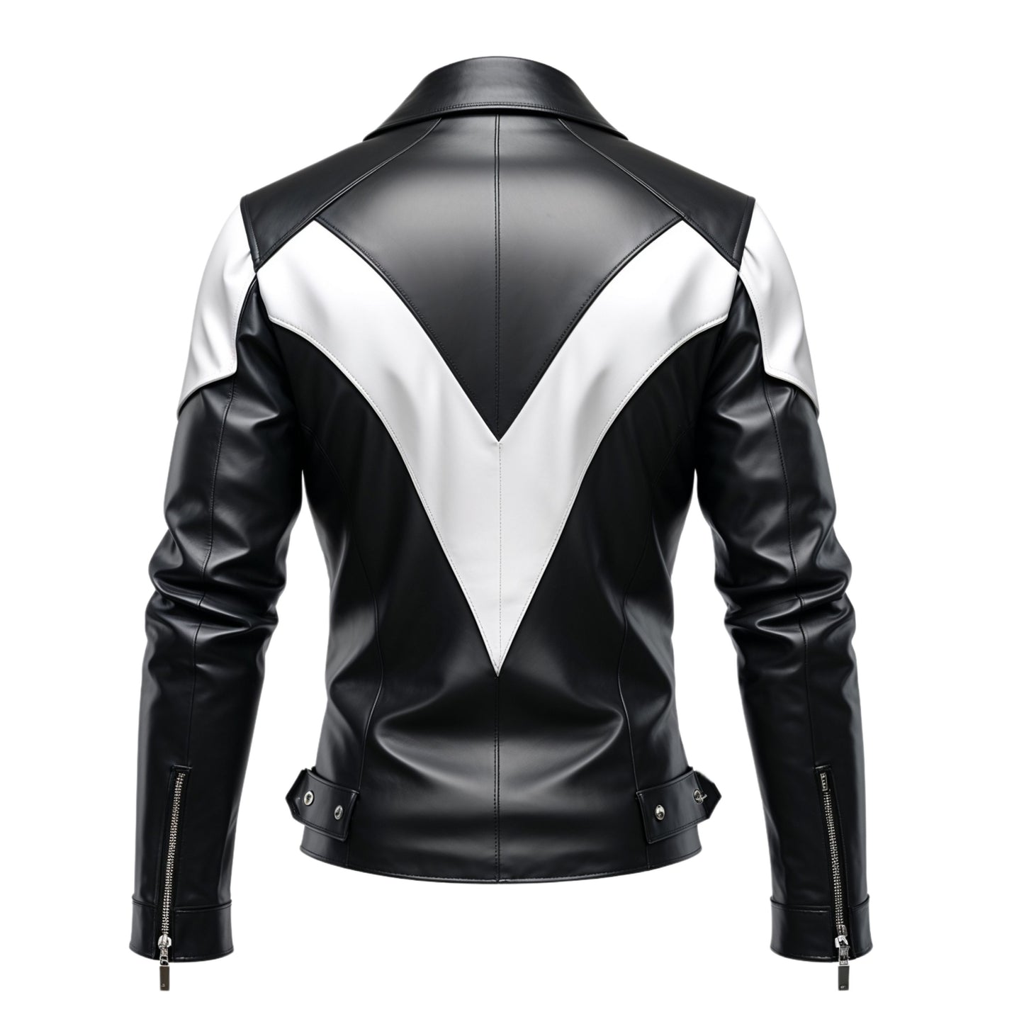 Men's Real Leather Biker Jacket: Black, White, Yellow Color Block Design, Asymmetrical Zipper