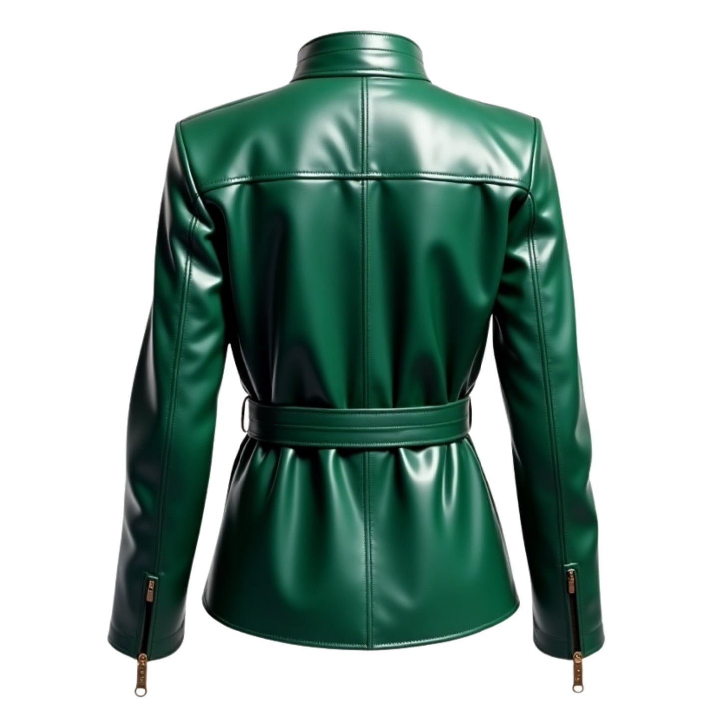 Emerald Green Real Leather Belted Jacket – Chic Stand Collar Outerwear