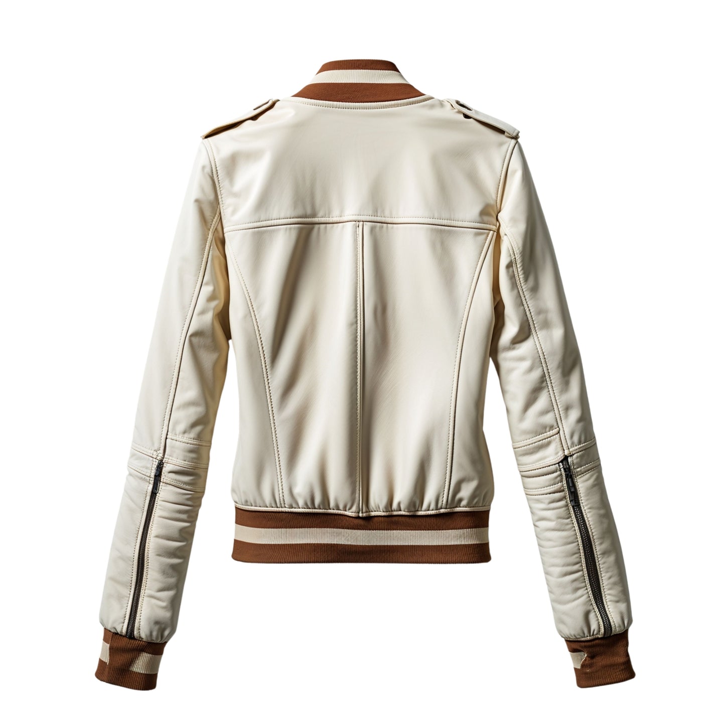 Cream Leather Bomber Jacket with Brown Rib Trim, Asymmetric Zip Biker Coat