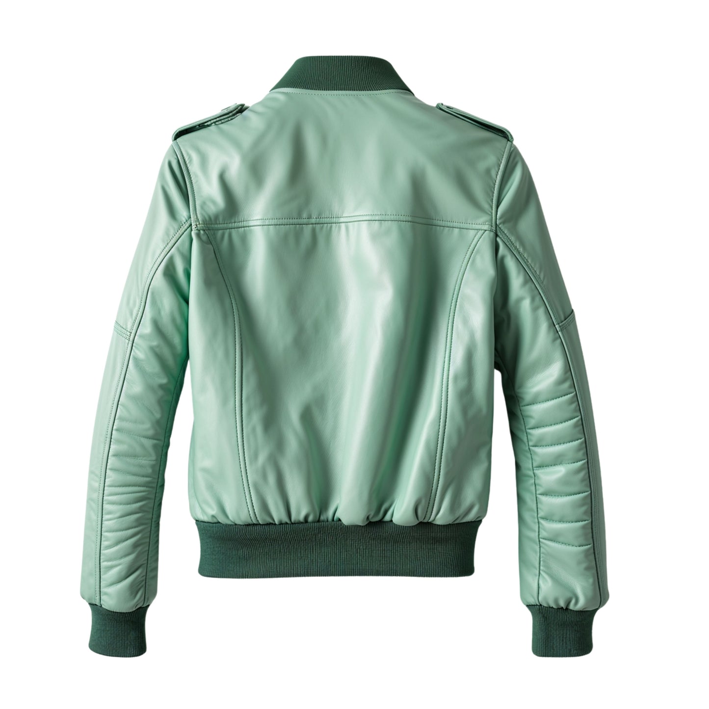 Mint Green Real Leather Bomber Jacket – Dark Green Ribbed Collar Flight Style