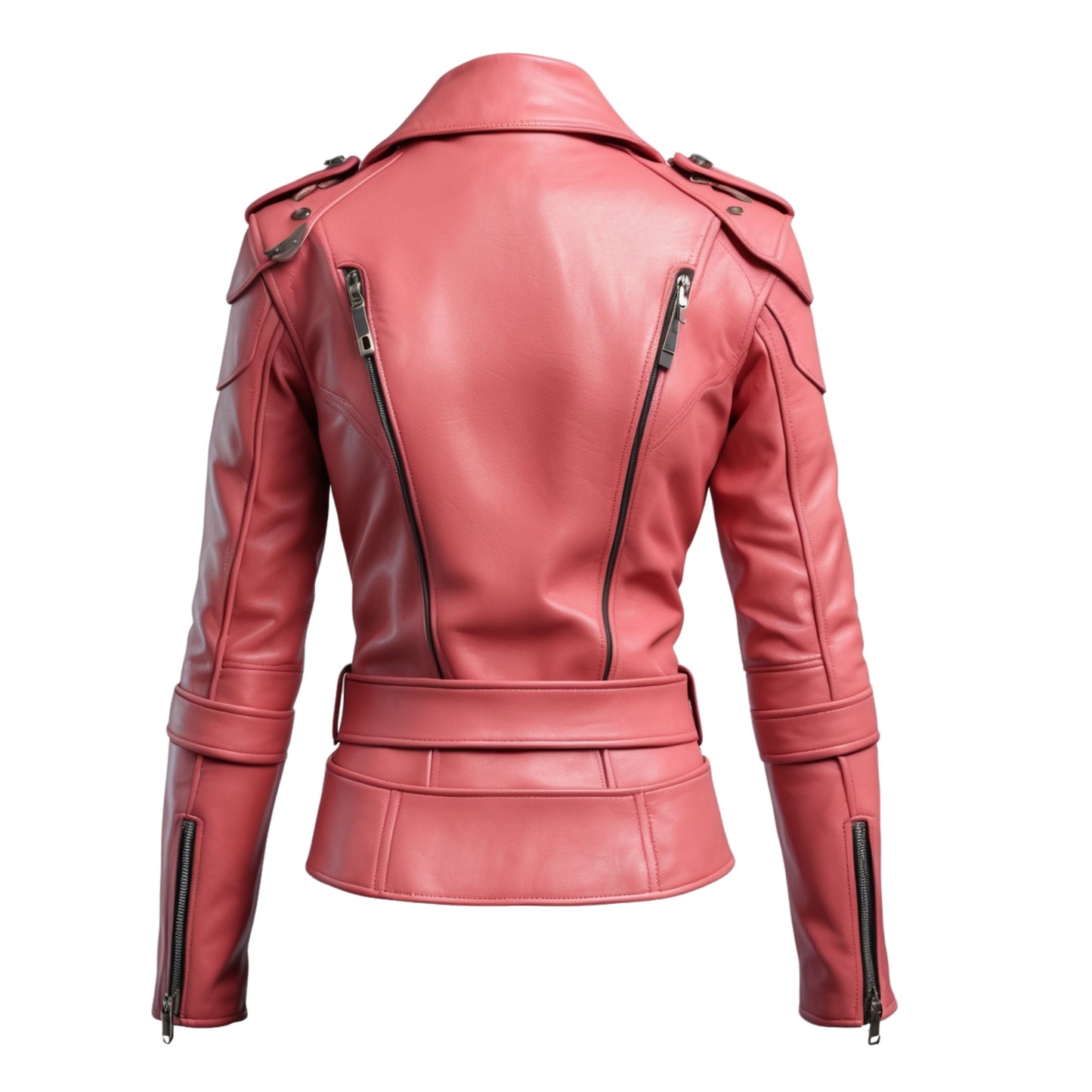 Womens Real Leather Moto Jacket: Coral Pink Biker Coat with Belted Waist