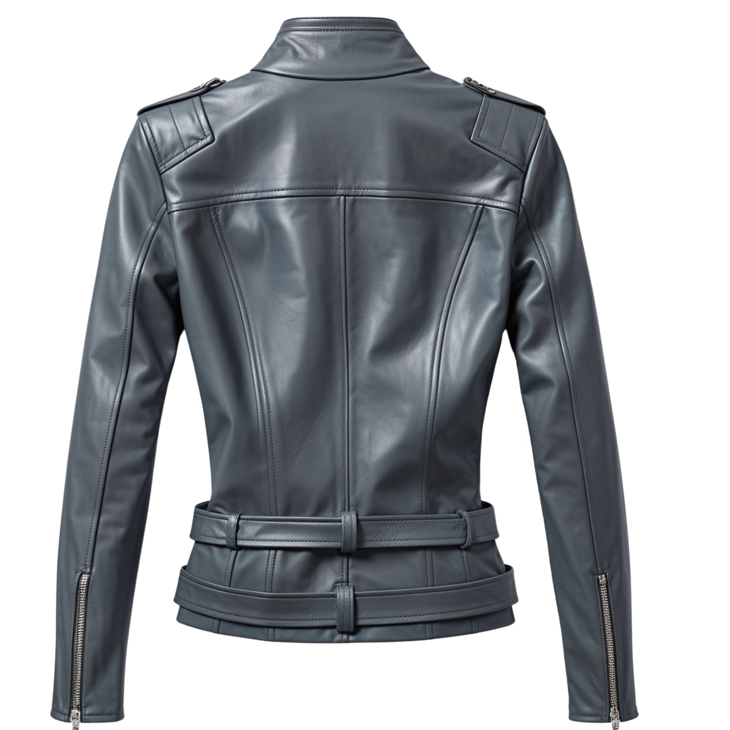 Womens Grey Leather Biker Jacket: Belted Moto Coat with Silver Zippers