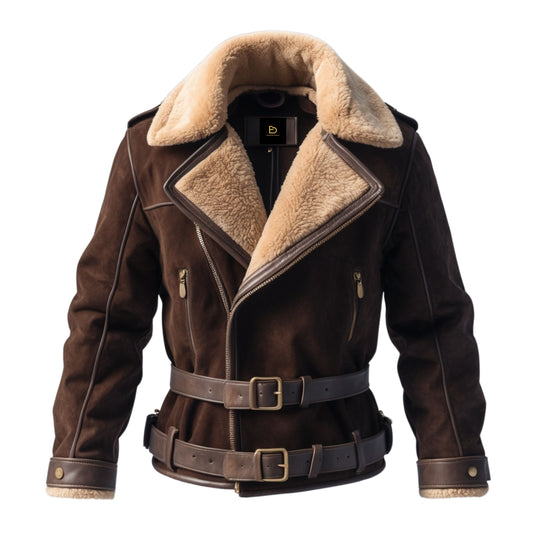 Brown Suede Leather Aviator Jacket with Cream Shearling Collar and Double Buckle Belt