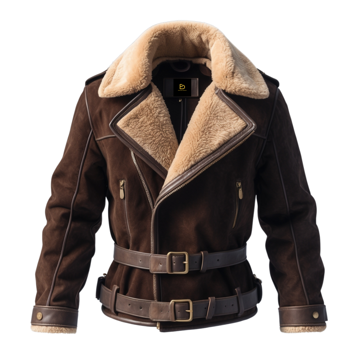 Brown Suede Leather Aviator Jacket Cream Shearling Collar Cuffs Double Buckle Belt Stylish Elegant Wear