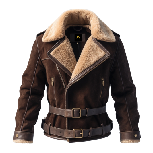 Brown Suede Leather Aviator Jacket Cream Shearling Collar Cuffs Double Buckle Belt Stylish Elegant Wear