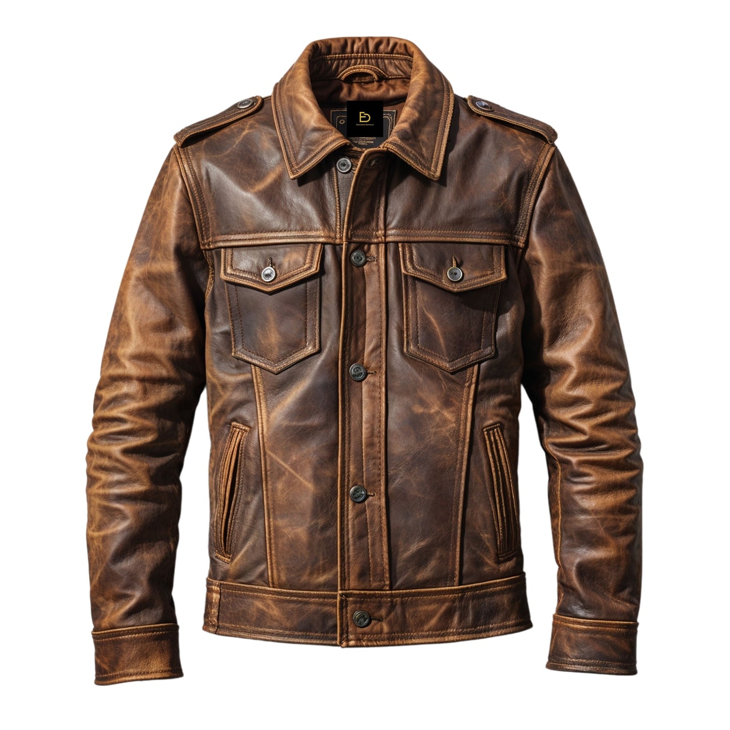 Men's Distressed Brown Real Leather Jacket – Timeless Biker Style Button Closure
