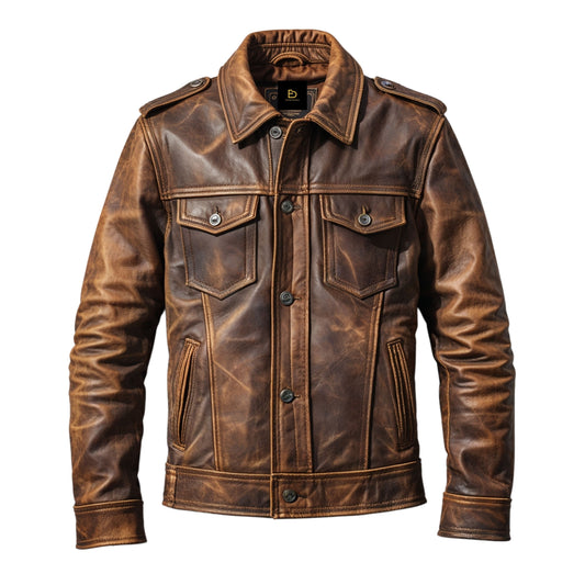 Men's Distressed Brown Real Leather Jacket – Timeless Biker Style Button Closure