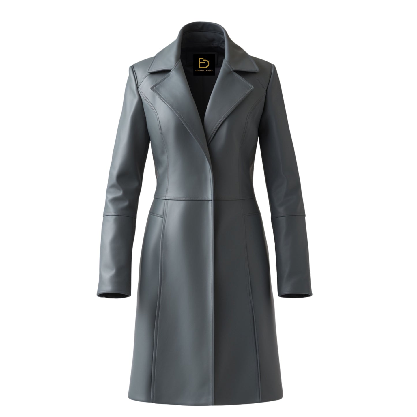 Womens Charcoal Real Leather Trench Coat: Tailored Long Overcoat, Wide Lapel Style