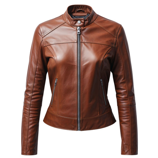 Brown Real Leather Moto Jacket: Stand Collar Zip Front Biker Style Coat