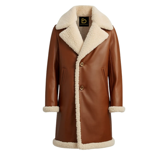 Men's Cognac Brown Leather Shearling Overcoat – Knee-Length Winter Warmth