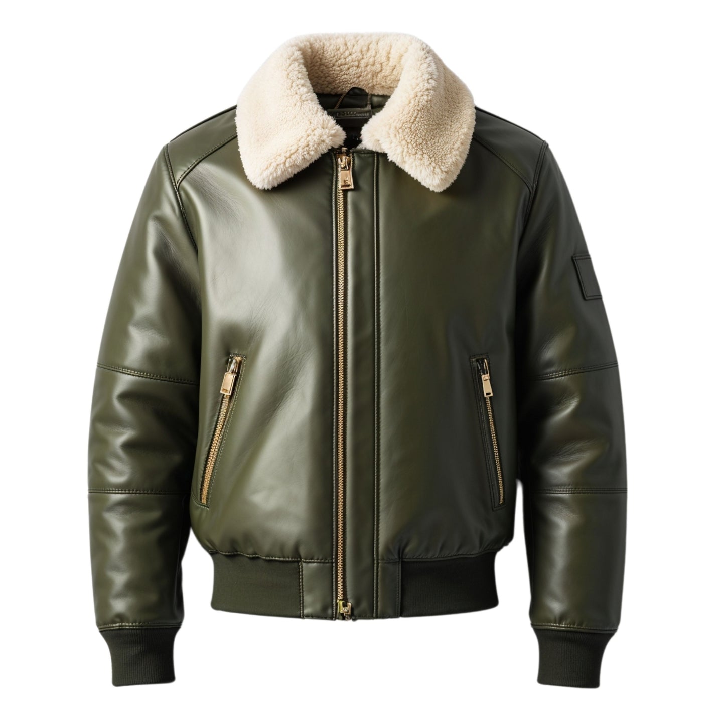 Men Olive Green Leather Bomber Jacket Soft Shearling Collar Stylish Warmth Versatile Winter Layering