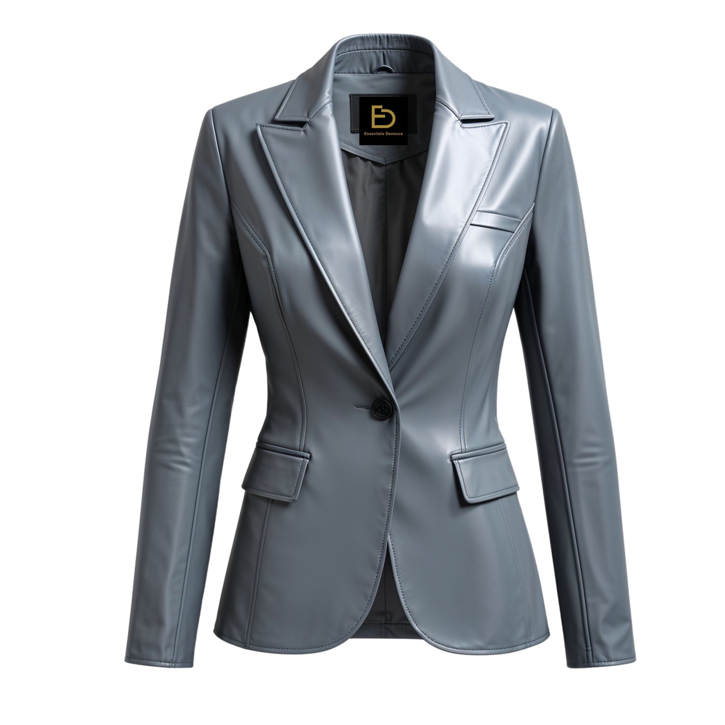 Women's Steel Grey Real Leather Blazer Jacket – Single Button Slim Tailored Outerwear